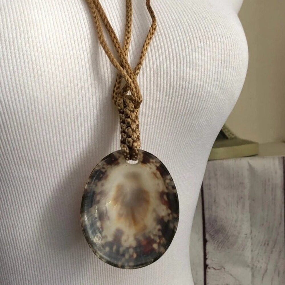 Long Tan Cord Necklace with Oval Shell Focal - Picture 3 of 7